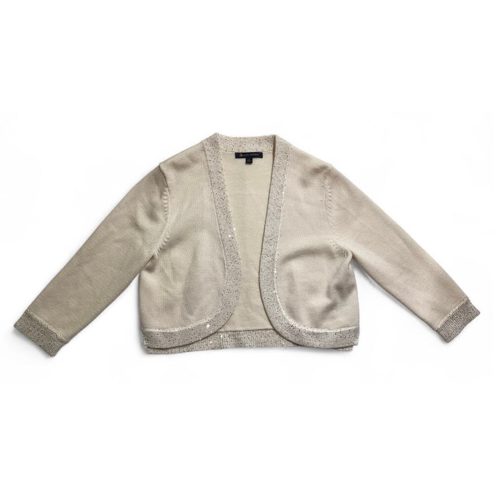 Brooks Brothers Metallic Trim  Cropped Cardigan Sweater‎ 100% merino wool sz L
